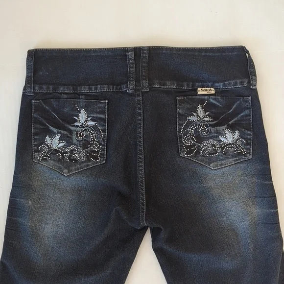 Stitch Embellished Distressed Embroidered Floral Boho Jeans 12 Blue - Picture 8 of 16